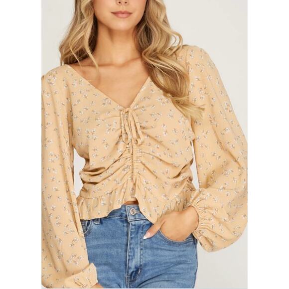 She + Sky Tops - Yellow Ruched Peplum Floral Top Long Sleeve Top